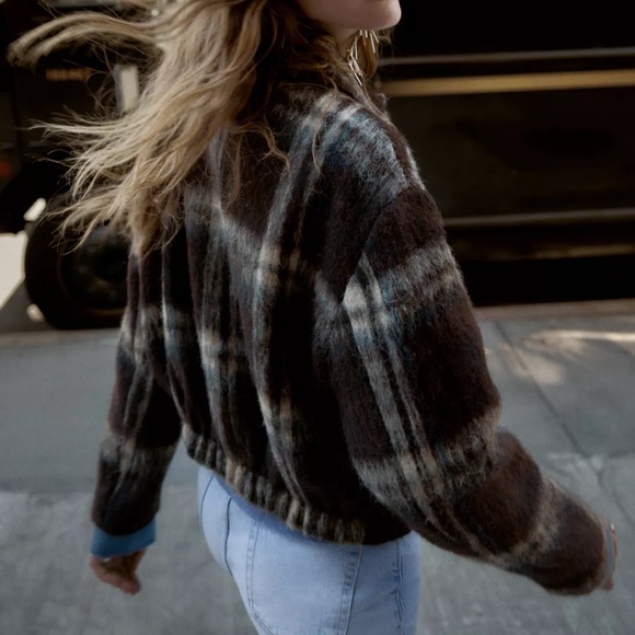 NWT Zara Plaid Jacket Wool Blend Cropped Black White Brown Shacket Women S 6318 - Picture 2 of 13